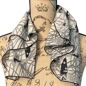 Scarf, square, black and white abstract design with butterflies.